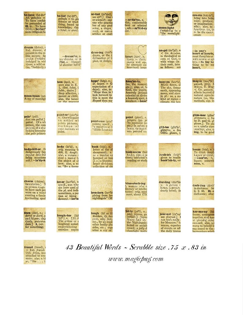 Beautiful Words Dictionary Scrabble size digital collage sheet .75 x .83 in 19mm x 21mm from vintage dictionary image 2