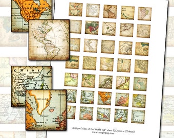 Antique World Maps Digital Collage Sheet: 1-inch Squares (Digital Download)