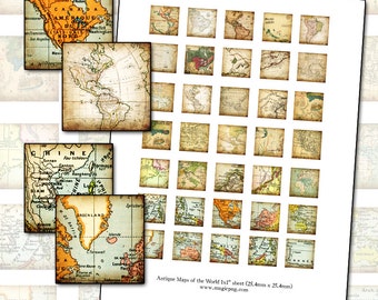 Antique Maps of the World 1x1 inch digital collage sheet inchies 25mm 1" square 25.4mm one inch