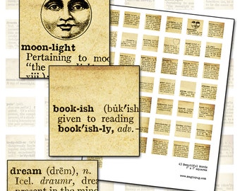 Vintage Dictionary Words Collage Sheet: 1x1 Inch Squares (Digital Download)