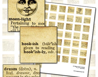 Beautiful Words inchies digital collage sheet 1x1 inch square 43 words from vintage dictionary 25mm 1x1 1" love heart moon beauty truth