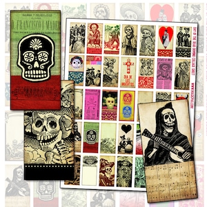 Day of the Dead Domino digitaal collageblad voor hangers decoupage 25 x 50 mm 1 x 2 inch roze rood zwart wit groen papel picado calavera