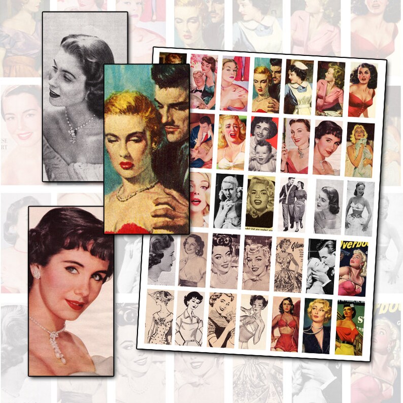 1950's Women III Digital Collage Sheet for Domino 1x2 inch 25mm x 50mm ephemera image 1