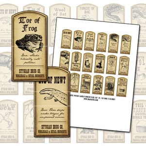 May include: A set of 20 vintage-style potion bottle labels featuring various ingredients and instructions. The labels are printed on a cream-colored paper with a brown border and feature black and white illustrations. The labels are designed to look like old apothecary labels and include ingredients such as "Toe of Frog", "Wool of Bat", "Eye of Newt", "Howlet's Wing", "Tooth of Wolf", and "Tiger's Chops".
