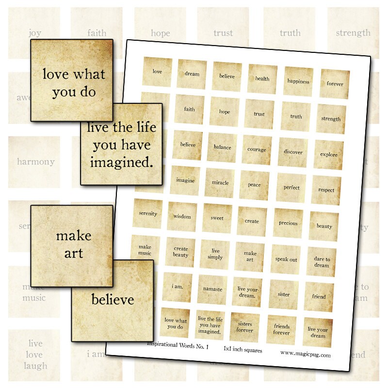 Inspirational Words Collage Sheet: Sepia 1x1 Inch Squares (Digital Download)