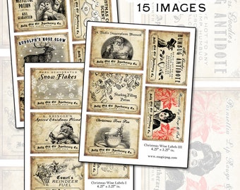 Antique Christmas Potion Wine Labels 4.25 x 3.25 digital collage sheet decorations for your holiday dinner parties