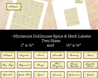 Miniatuur Spice & Herb Dollhouse Labels TWEE MATEN 1:12 en 1/6 schaal apotheker handgeschreven Jane Austen handschrift