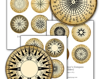 Aged Antiqued Mariner's Rose Compass black & white digital collage sheet 3.5 inch circle 88.9mm 8.89cm