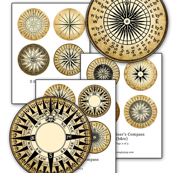 Aged Antiqued Mariner's Rose Compass black & white digital collage sheet 3.5 inch circle 88.9mm 8.89cm