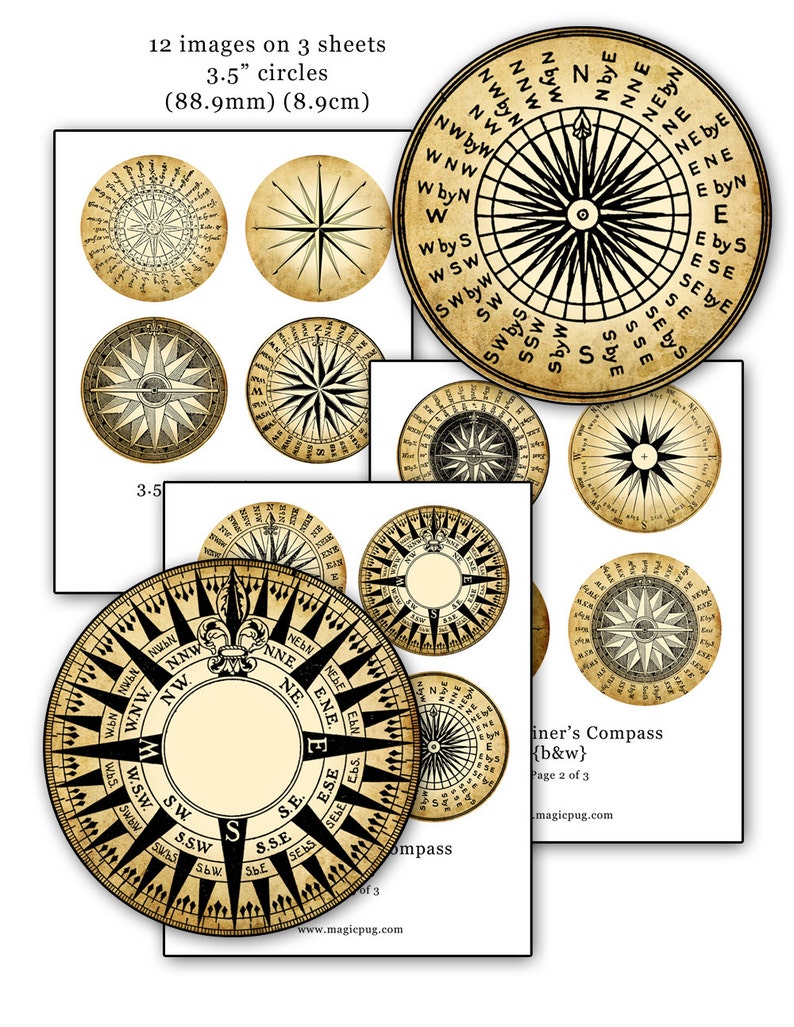 Antique Mariner's Compass Collage Sheet: 3.5" Black & White Circles ...