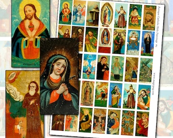 Instant Digital Download Antique Catholic Paintings II  domino sized digital collage sheet 1x2 in Lady of Guadalupe 25mm x 50mm altered art