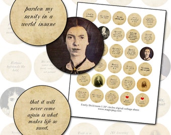 Emily Dickinson 1.33 inch circle digital collage sheet 33mm quotes portrait black and white badge bottlecap pendant necklace
