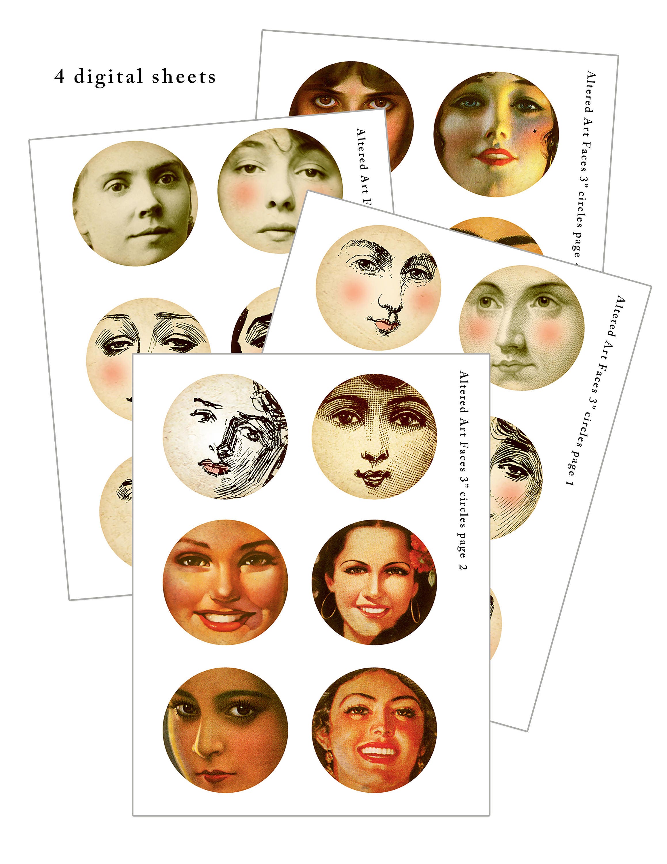 Altered Art Faces Digital Collage Sheet: 3-inch Circles (digital ...