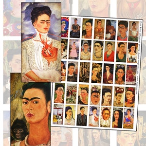 Frida Kahlo Autorretrato pinturas dominó hoja de collage digital 1x2 pulgadas descarga instantánea imprimible