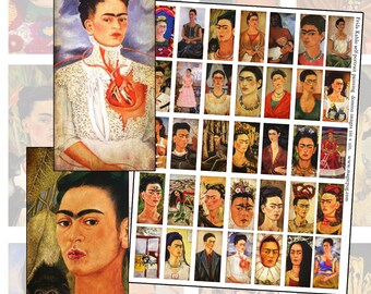 Frida Kahlo Self Portrait paintings domino digital collage sheet 1x2 inches instant download printable