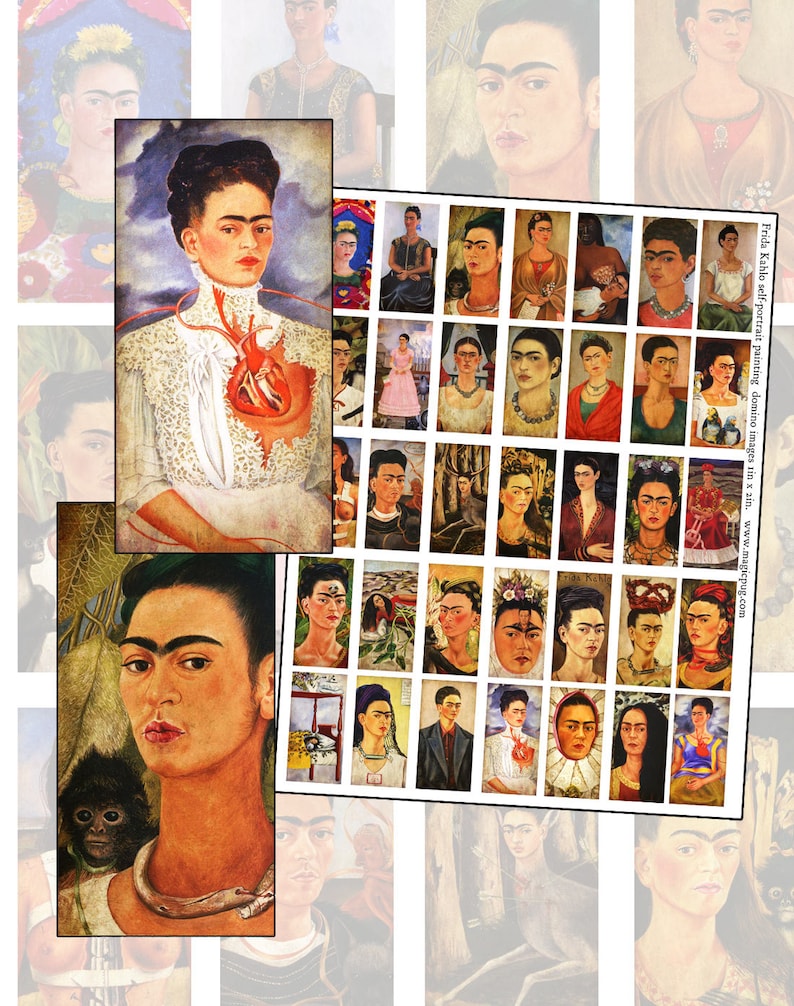 Frida Kahlo Self Portrait peintures domino collage numérique feuille 1x2 pouces téléchargement instantané imprimable image 1