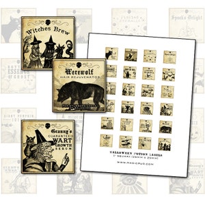 Antique Halloween Potion Labels: 1&quot; Square Collage Sheet (Digital Download)