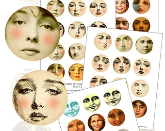 Altered Art Faces Digital Collage sheet set FOUR PAGES  2 inch circles printable DIY 50mm 50.8 2in