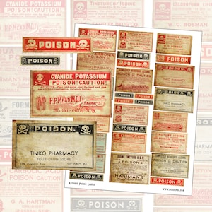 Antique Pharmacy Poison Labels digital collage sheet for altered art mixed media full size sheet props