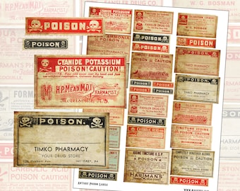 Antique Pharmacy Poison Labels digital collage sheet for altered art mixed media full size sheet props