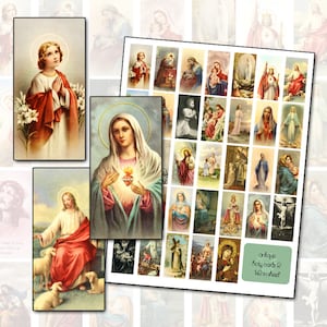 May include: A sheet of 24 vintage religious cards featuring images of Jesus and Mary. The cards are 1 1/2 inches in size and are printed on white paper.