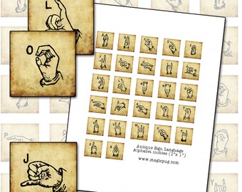 Antique Sign Language Alphabet 1 inch square digital collage sheet inchies inchie 25mm 1x1 ASL