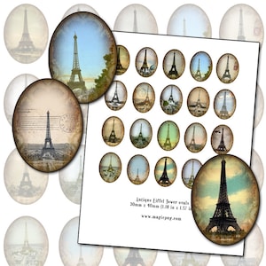 Foglio di collage digitale ovale Torre Eiffel 30 x 40 mm Parigi Francia arte alterata 1,18 x 1,57 30x40 3x4 cm