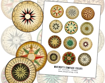 Mariner's Rose Compass color digital collage sheet 2 inch circle two 50mm for badge pinback button props