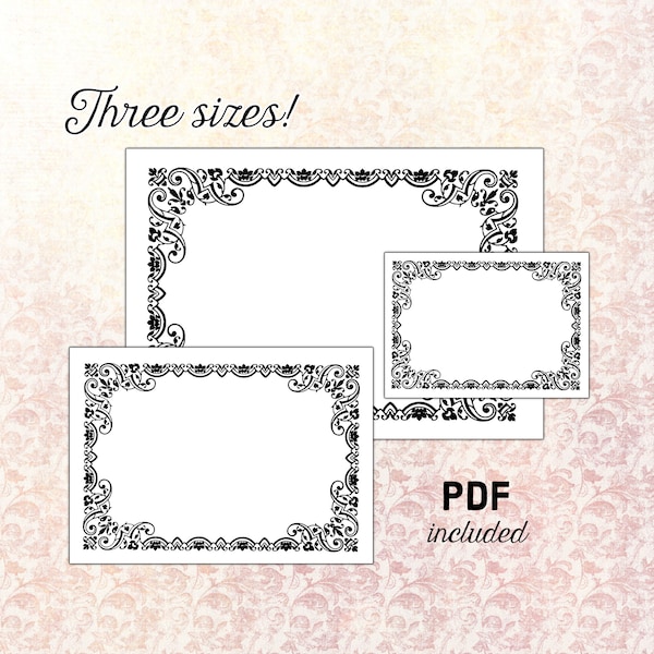 Instant Digital Download Victorian Formal Border Black and White Blank Label set three sizes and editable PDF