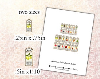 Instant Digital Download Miniature Fruit Extract Kitchen Labels jewelry bottles potions decoupage altered art  props 1:12 scale 1/6 scale