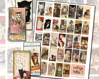 Antique Cat and Kitten Digital Collage Sheet domino size 1x2 inch 25mm x 50mm