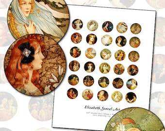 Elizabeth Sonrel 1" circle digital collage sheet  25mm fine art paintings of beautiful women 25.4 mm