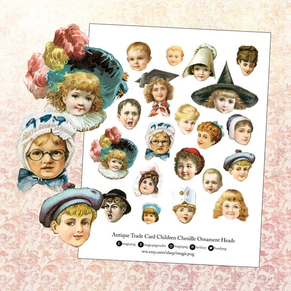 Antique Victorian Trade Card Children Chenille Ornaments digital collage sheet download with a PDF tutorial