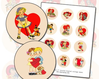 Vintage Valentine 2" Circle Gift Tags Digital Collage Sheet 50mm round red heart pink background couple kiss lovers retro graphics cartoon