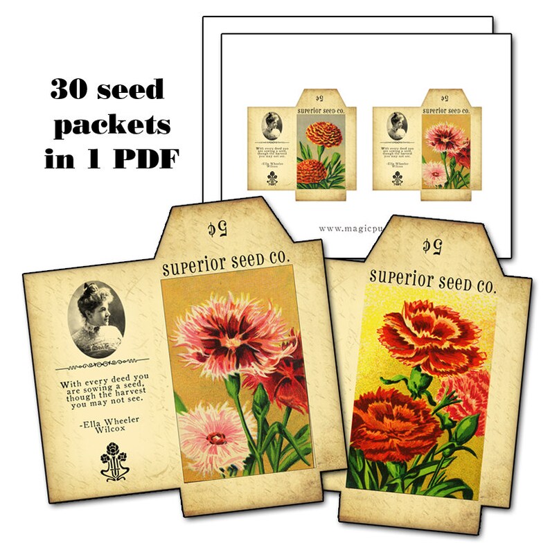 Altered Art Flower Seed Packet Set 30 Printable Seedpackets Etsy