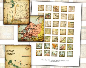 Antique Maps of the World 1x1 inch digital collage sheet inchies 25mm 25.4mm 1x1 cartography globe