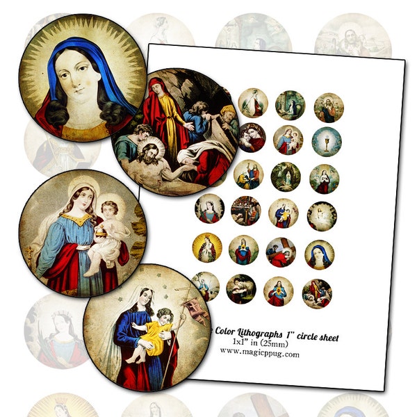 Antique Religious Catholic Color Prints 1" circle digital collage sheet 25mm round 25.4mm rounds