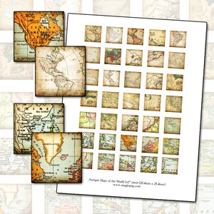 Mapas antiguos del mundo hoja de collage digital de 1x1 pulgada pulgadas 25 mm x 25 mm globo cuadrado colores pálidos suaves borde antiguo