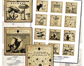 Antique Halloween Potion Labels: 2x2 Inch Collage Sheet (Digital Download)