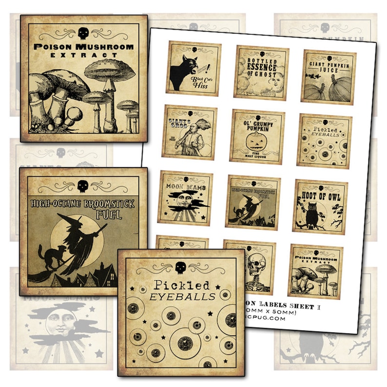 Antique Halloween Potion Labels I 2x2 inch digital collage sheet inchies 50mm square witch owl poison mushroom black cat pumpkin witches image 1