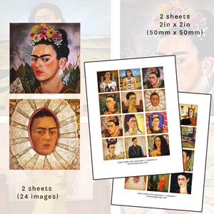 Frida Kahlo Autorretrato pinturas 2x2 pulgadas hoja de collage digital cuadrado 50mm descarga instantánea imprimible