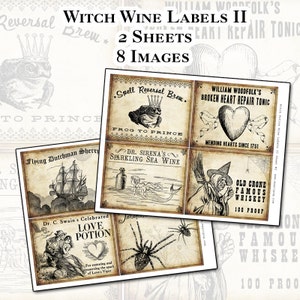 Ensemble de feuilles de collage numérique Witch Wine Labels II 4 x 5 pour potions Fête d'Halloween ou dîners goth effrayants punch tequila philtre d'amour vin