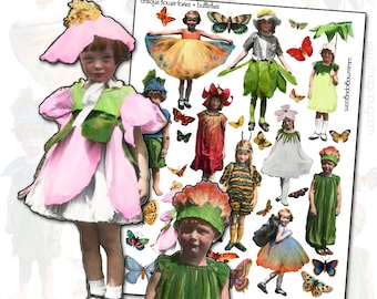 Fairy Children in Flower and Butterfly costumes digital collage sheet for altered art fairy faerie fantasy