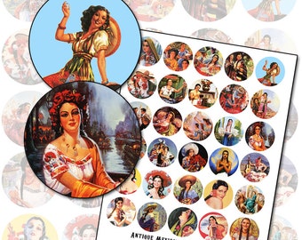 May include: A sheet of 36 vintage-style, 1.5-inch circle stickers featuring images of women in traditional Mexican clothing. The stickers are printed on white paper and have a glossy finish.  Antique Mexican Advertising Art 1.5" circle sheet (38mm) www.magicpug.com