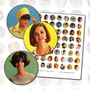 1960er Jahre Mod Retro Frauen 1 Zoll Flaschenverschluss Kreis digitale Collage Blatt bauschiges Haar 25mm 25,4mm Kreis rund rosa grün aqua helle Farben