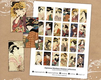 Japanese Maidens antique print digital collage sheet ukiyo-e domino 1x2 Japan Asia eastern art altered art
