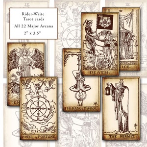 Rider-Waite afdrukbare tarotkaartenset digitaal collageblad wenskaart gewijzigde kunst 2 x 3,5, 50 mm x 89 mm