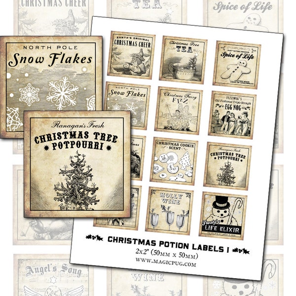 Antique Christmas Potion Labels I 2x2 inch digital collage sheet inchies 50mm square tea Frosty the Snowman cookie snowflakes angel