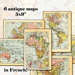 Mappe antiche del mondo, diario di scarto, foglio di collage digitale, regalo per lei, tagli elaborati, mappa, cartografia francese, set da scaricare, miniature