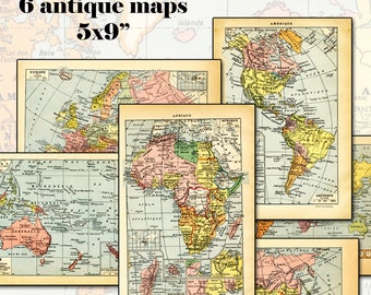 Antique Maps of the World Digital Collage Sheet 6 Maps over 100 Years Old for collage altered art or framing 9x5 cartography globe